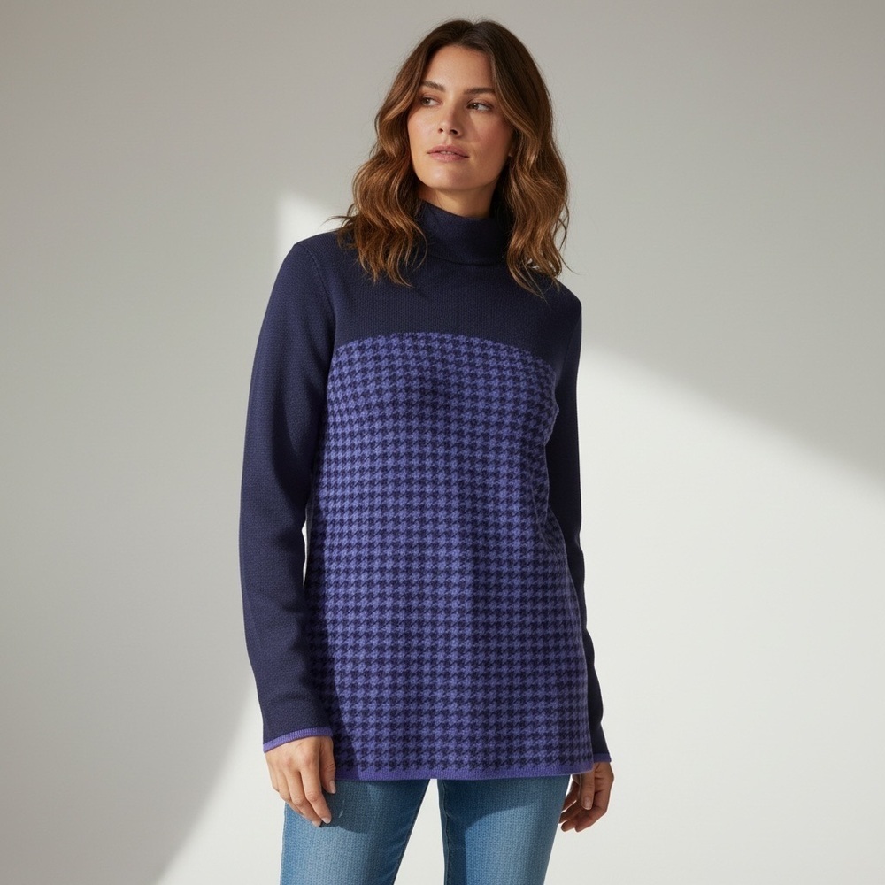 Susan Graver High Neck Houndstooth Blue Sweater Size S